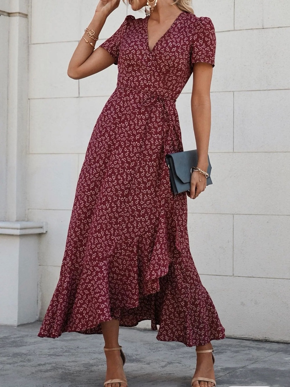 PRETTYGARDEN Maxi Dress Casual Wrap Floral Boho Short Sleeve V Neck Split Sz XS